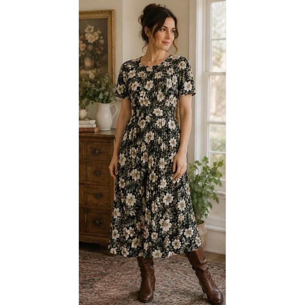 Vintage Size 10 Betsy Lauren Floral Rayon Midi Dress Cottagecore Prairie